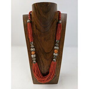Vintage Multi Strand Glass Seed Bead Necklace Carnelian Stone Sliver Tone Accent
